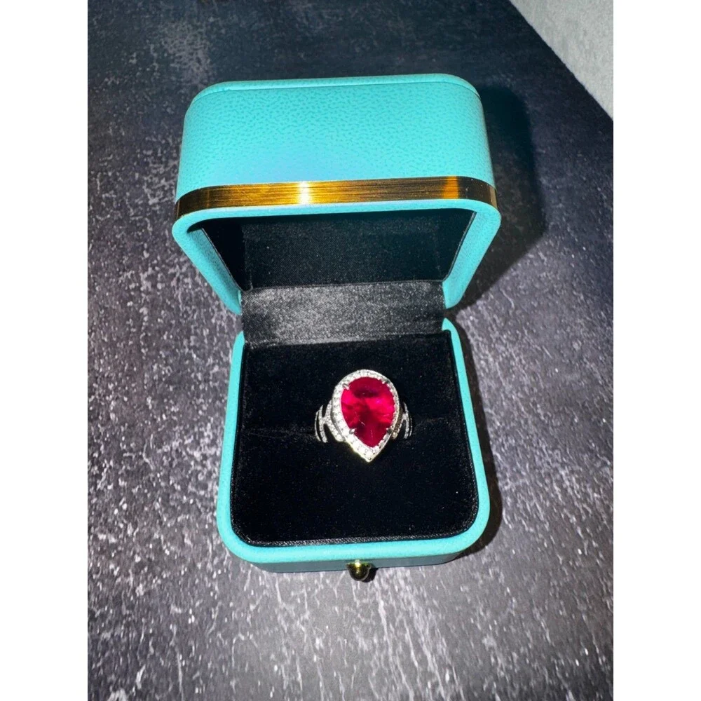 Large Carat Ring-S925 Silver Pear Cut Lab Ruby